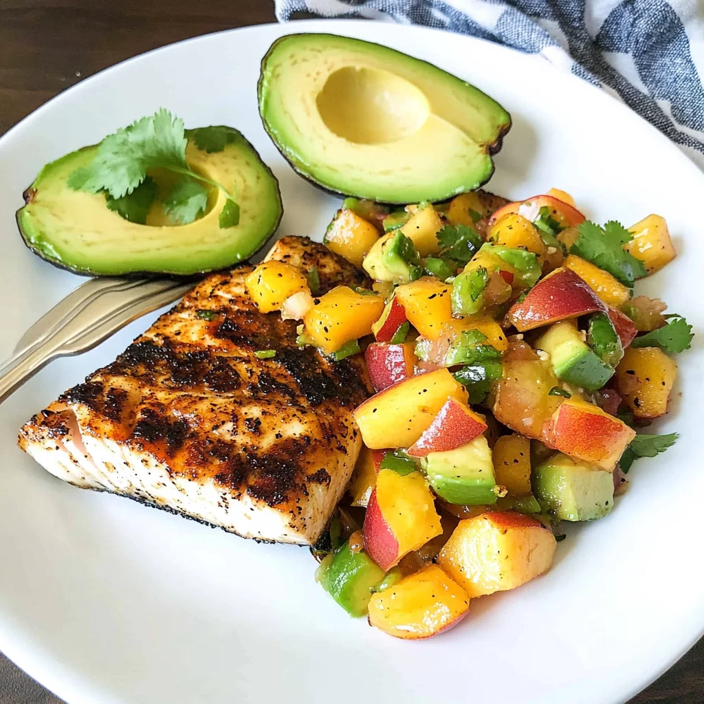 Grilled Mahi Mahi with Grilled Avocado Peach Salsa