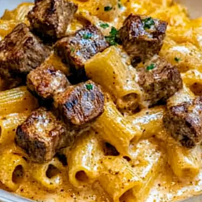 Cajun Steak Tips in Cheesy Rigatoni Parmesan Sauce