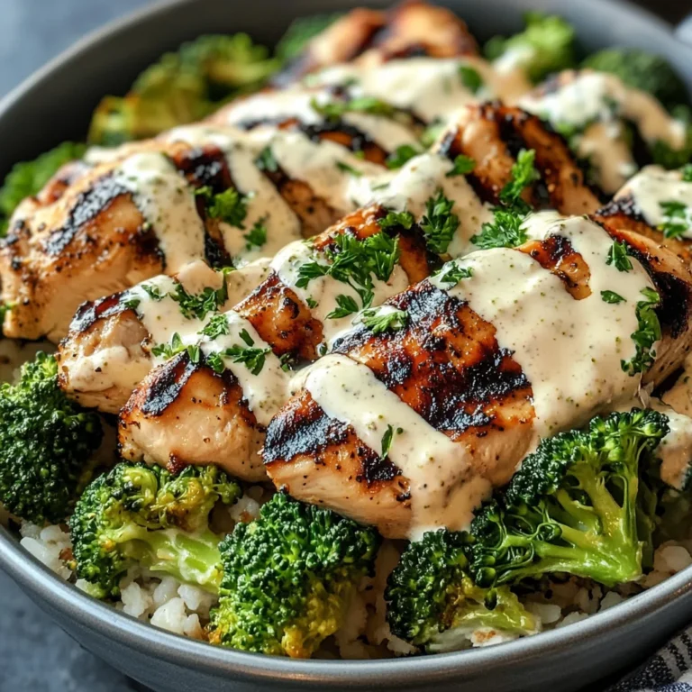 Grilled Chicken & Broccoli Bowls with Creamy Garlic Sauce